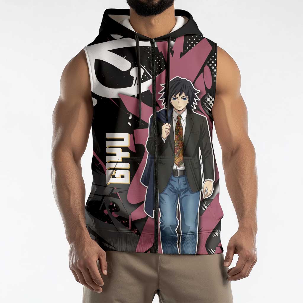 Giyu Tomioka Demon Slayer Sleeveless Zip Hoodie Red & Black Graffiti Anime