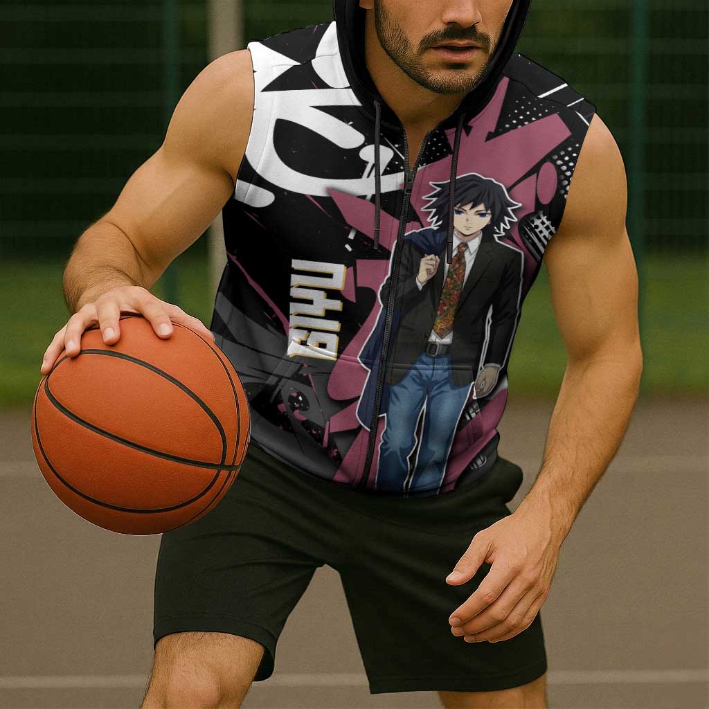 Giyu Tomioka Demon Slayer Sleeveless Zip Hoodie Red & Black Graffiti Anime