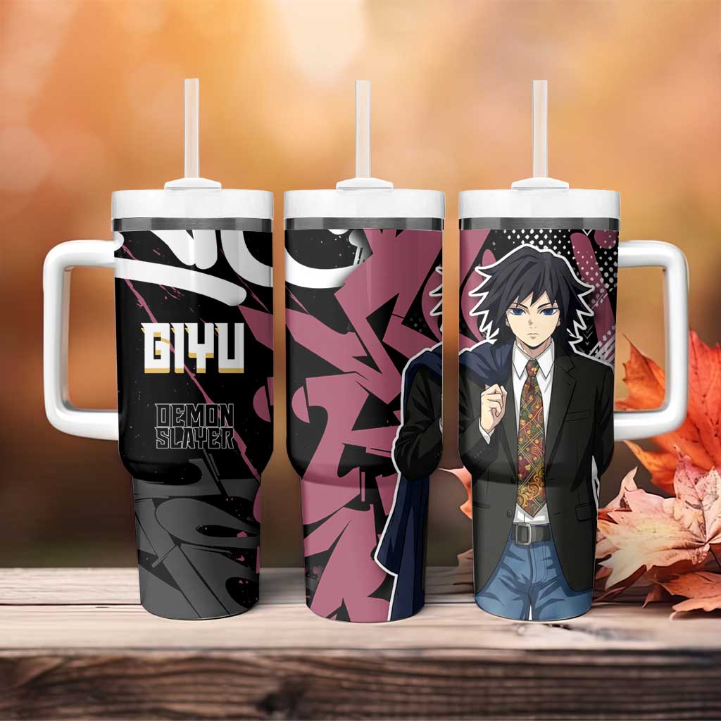 Giyu Tomioka Demon Slayer Tumbler With Handle Red & Black Graffiti Anime