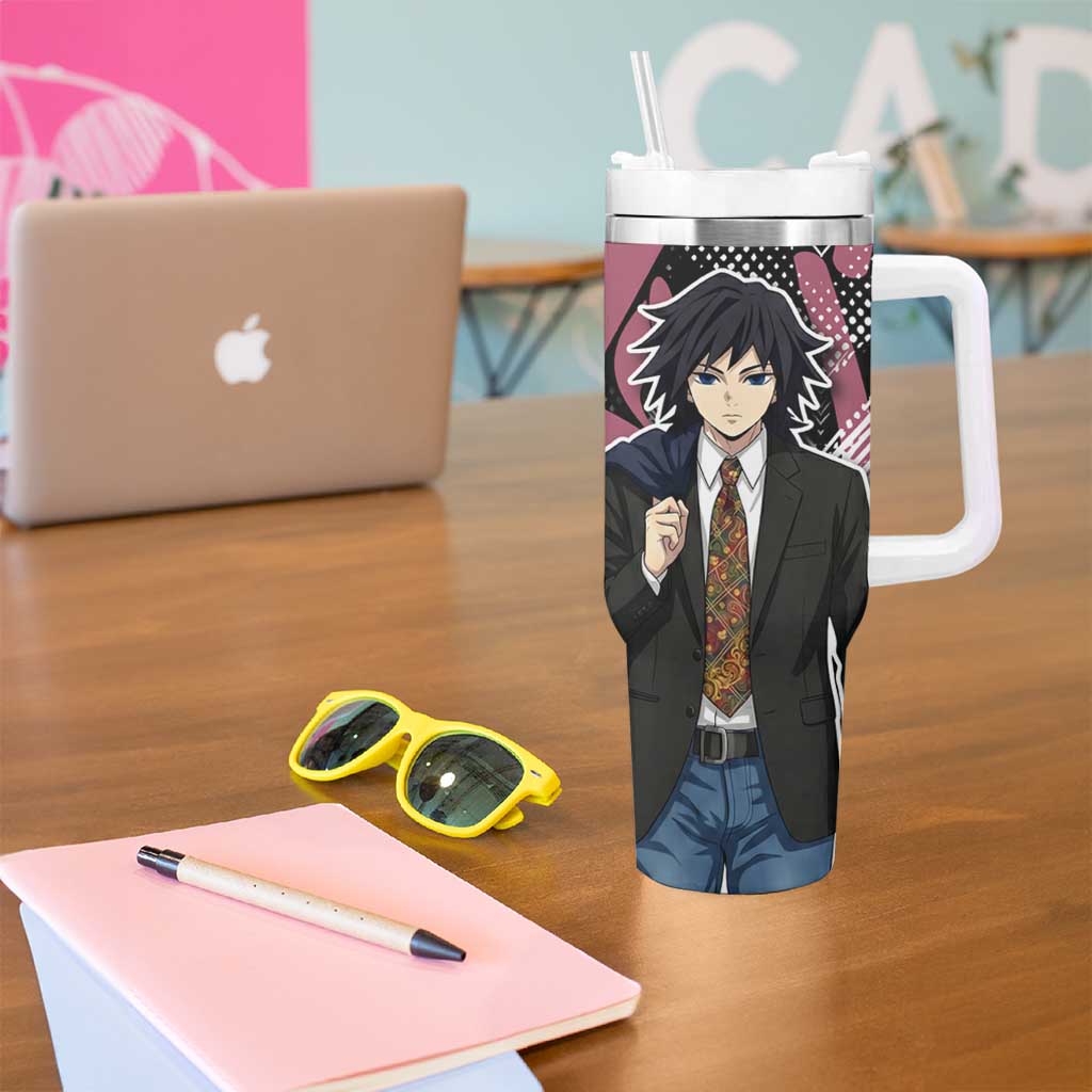 Giyu Tomioka Demon Slayer Tumbler With Handle Red & Black Graffiti Anime