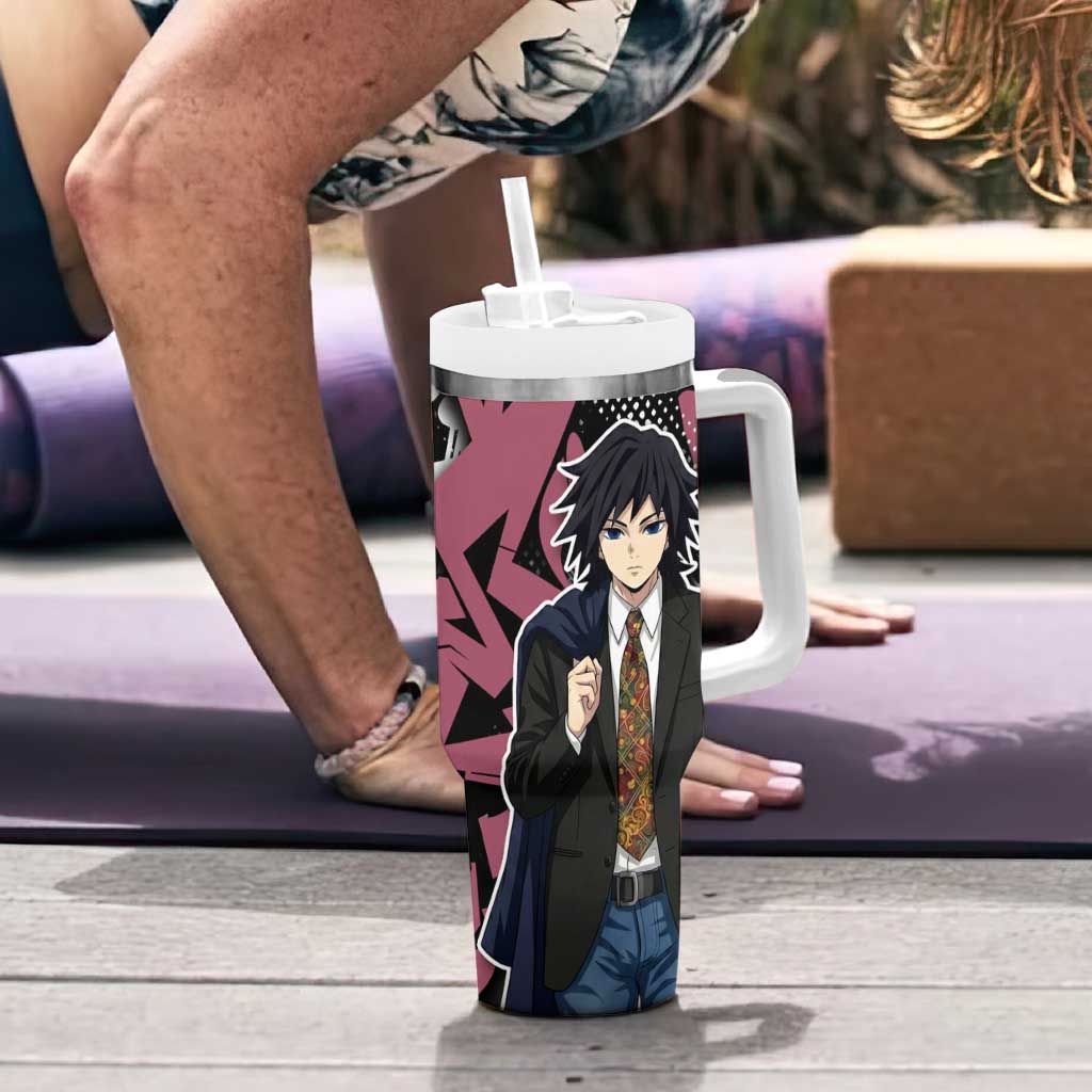 Giyu Tomioka Demon Slayer Tumbler With Handle Red & Black Graffiti Anime