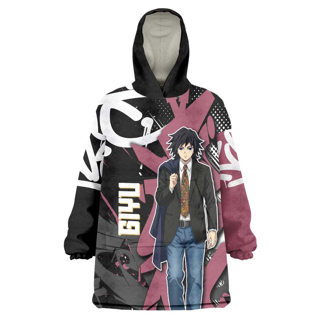 Giyu Tomioka Demon Slayer Wearable Blanket Hoodie Red & Black Graffiti Anime