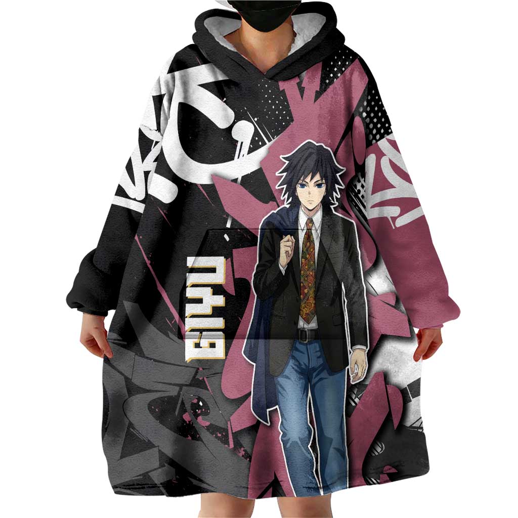 Giyu Tomioka Demon Slayer Wearable Blanket Hoodie Red & Black Graffiti Anime