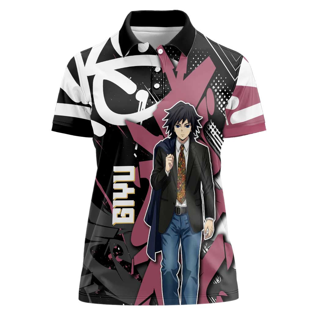 Giyu Tomioka Demon Slayer Women Polo Shirt Red & Black Graffiti Anime