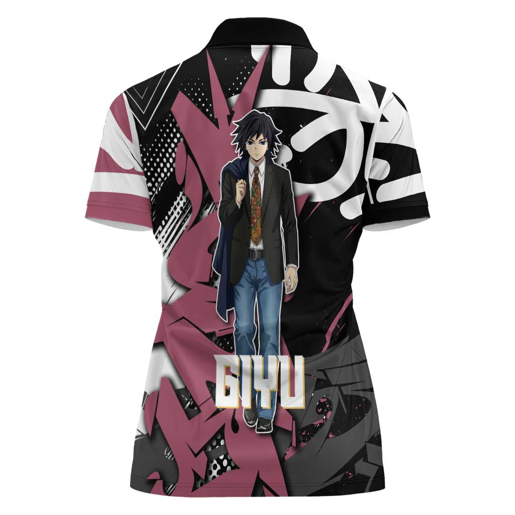 Giyu Tomioka Demon Slayer Women Polo Shirt Red & Black Graffiti Anime