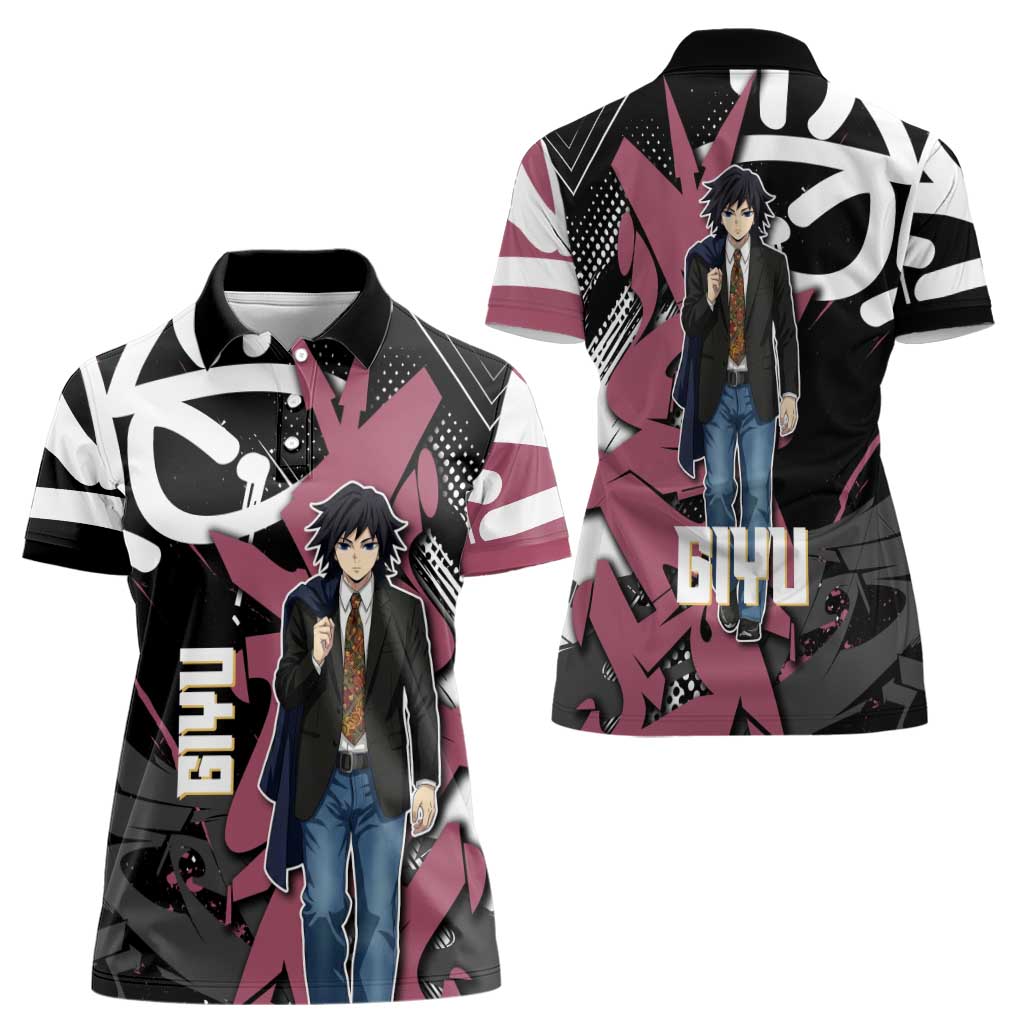 Giyu Tomioka Demon Slayer Women Polo Shirt Red & Black Graffiti Anime