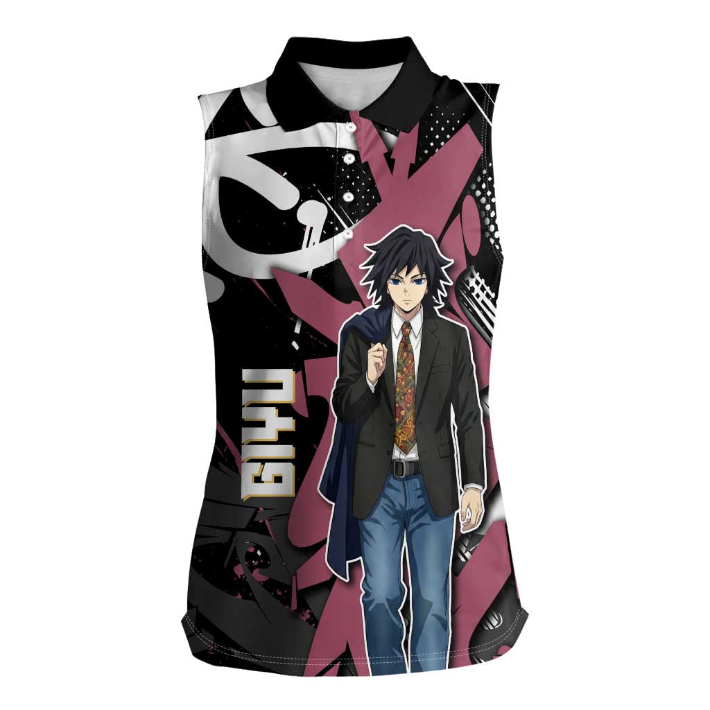 Giyu Tomioka Demon Slayer Women Sleeveless Polo Shirt Red & Black Graffiti Anime