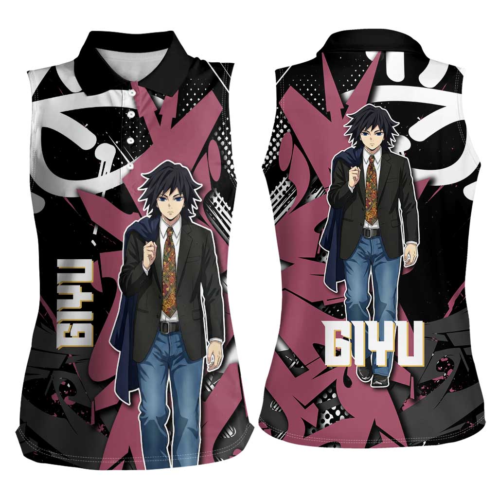 Giyu Tomioka Demon Slayer Women Sleeveless Polo Shirt Red & Black Graffiti Anime