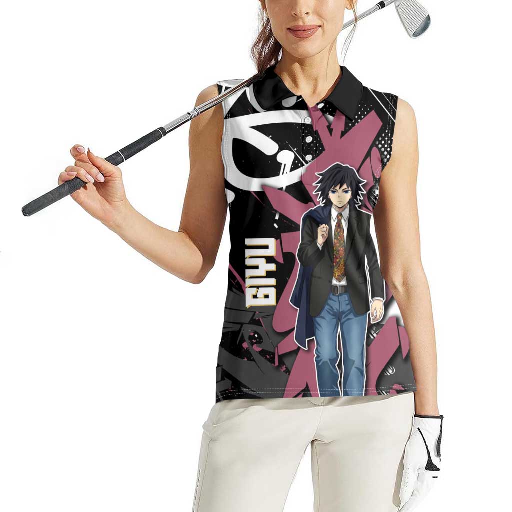 Giyu Tomioka Demon Slayer Women Sleeveless Polo Shirt Red & Black Graffiti Anime