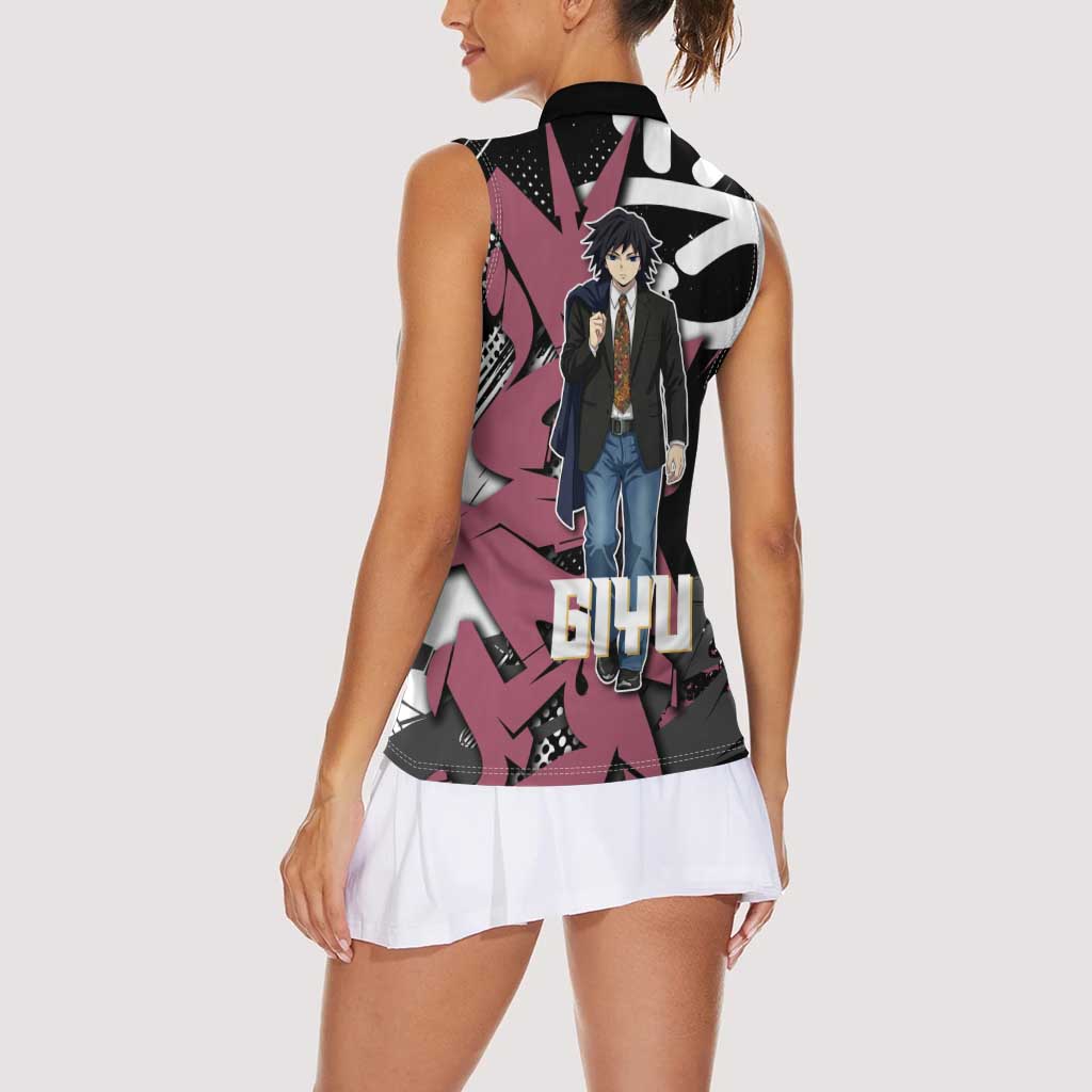 Giyu Tomioka Demon Slayer Women Sleeveless Polo Shirt Red & Black Graffiti Anime