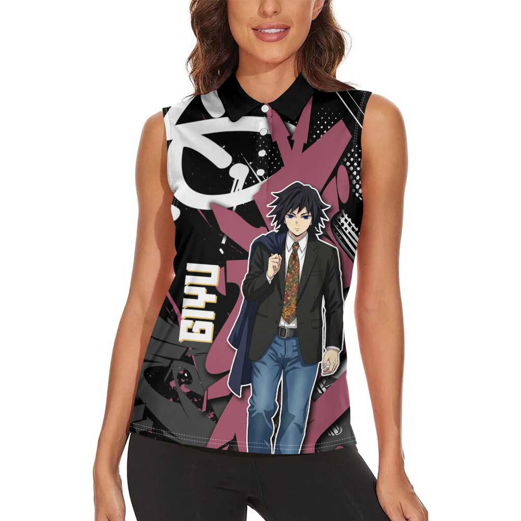 Giyu Tomioka Demon Slayer Women Sleeveless Polo Shirt Red & Black Graffiti Anime