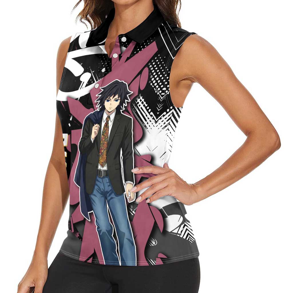 Giyu Tomioka Demon Slayer Women Sleeveless Polo Shirt Red & Black Graffiti Anime