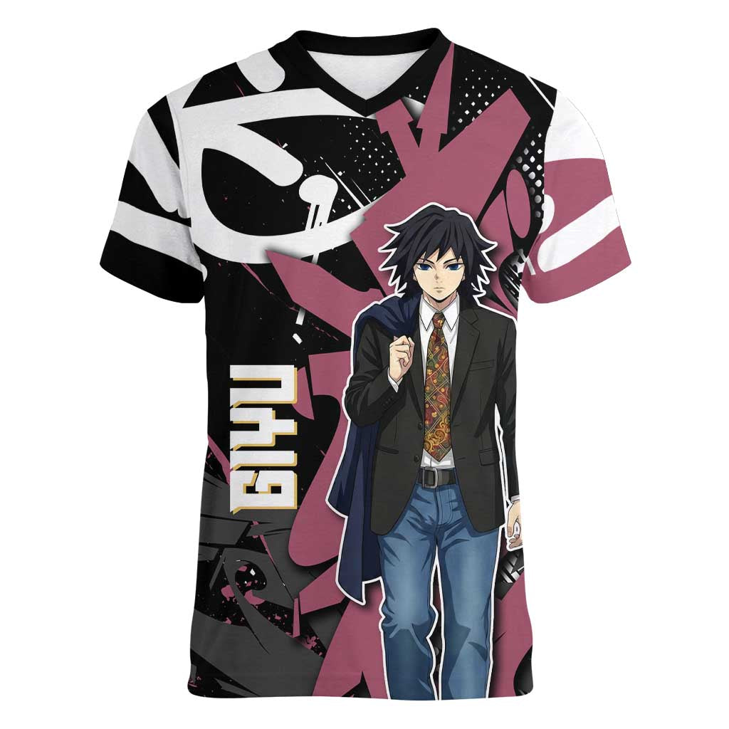 Giyu Tomioka Demon Slayer Women V-Neck T-Shirt Red & Black Graffiti Anime