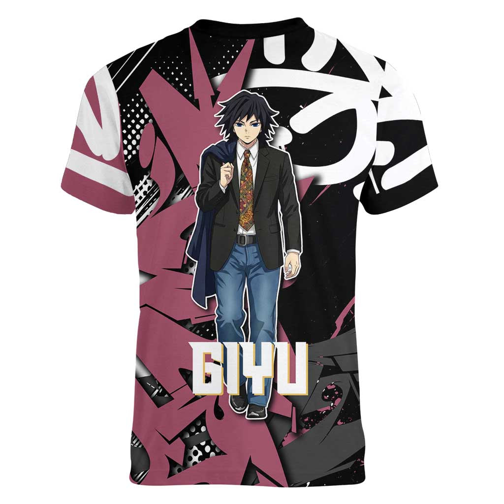 Giyu Tomioka Demon Slayer Women V-Neck T-Shirt Red & Black Graffiti Anime