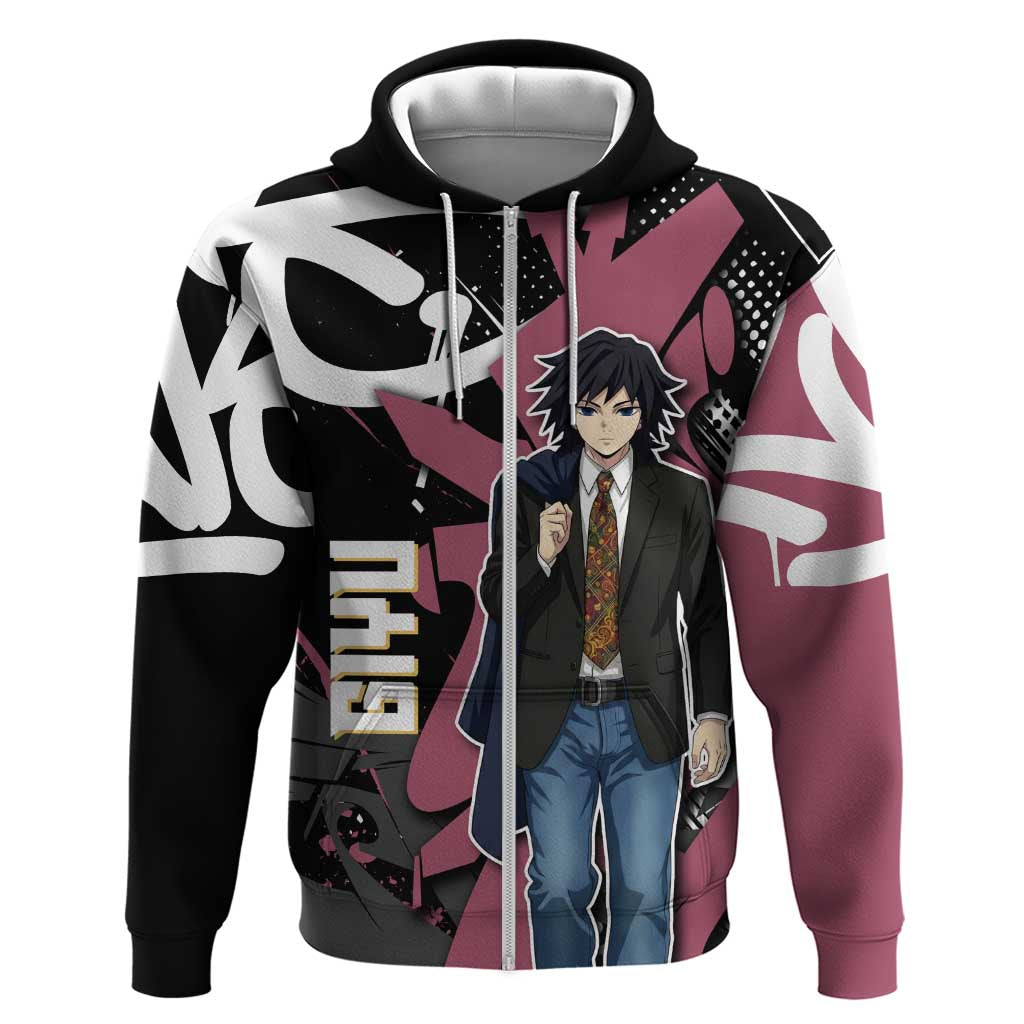 Giyu Tomioka Demon Slayer Zip Hoodie Red & Black Graffiti Anime