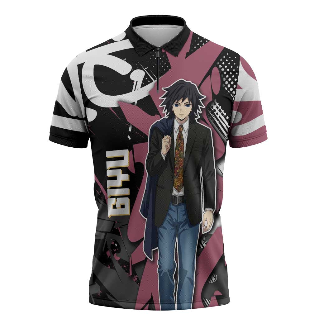 Giyu Tomioka Demon Slayer Zipper Polo Shirt Red & Black Graffiti Anime