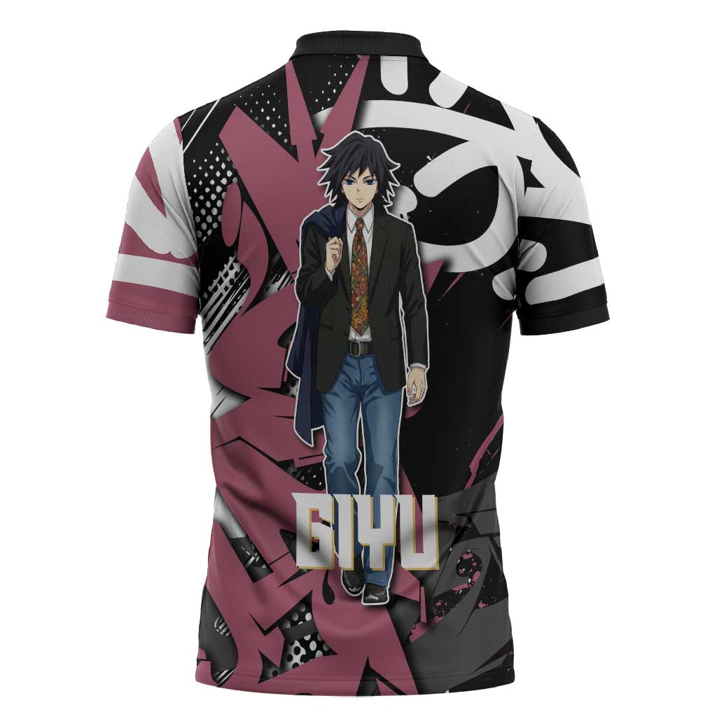 Giyu Tomioka Demon Slayer Zipper Polo Shirt Red & Black Graffiti Anime