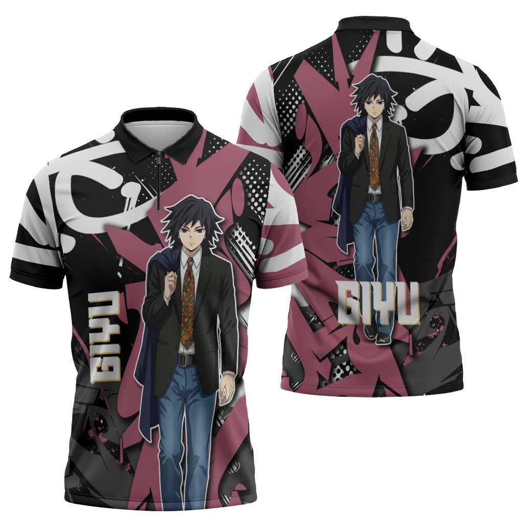 Giyu Tomioka Demon Slayer Zipper Polo Shirt Red & Black Graffiti Anime