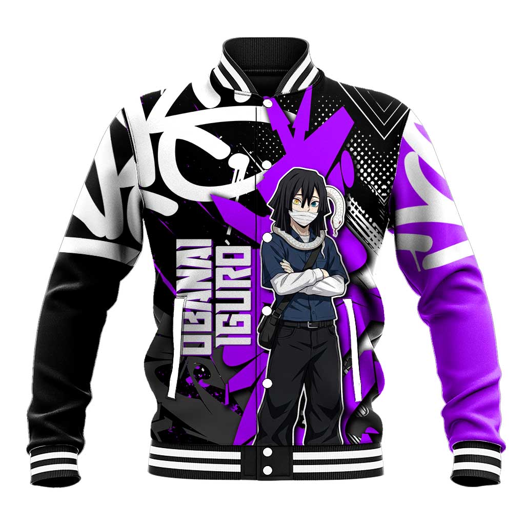 Obanai Iguro Demon Slayer Baseball Jacket Purple Graffiti Anime Style