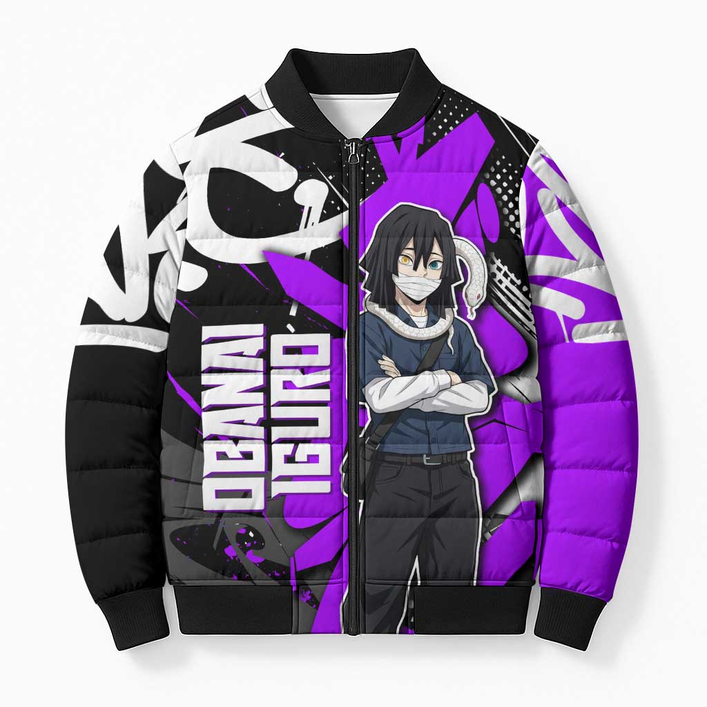 Obanai Iguro Demon Slayer Bomber Puffer Jacket Purple Graffiti Anime Style