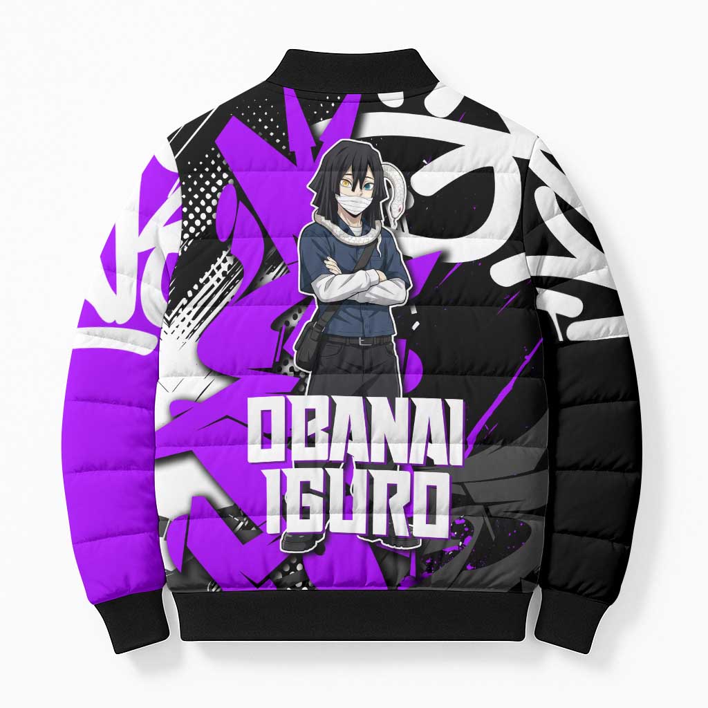 Obanai Iguro Demon Slayer Bomber Puffer Jacket Purple Graffiti Anime Style