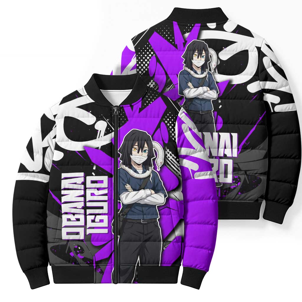 Obanai Iguro Demon Slayer Bomber Puffer Jacket Purple Graffiti Anime Style