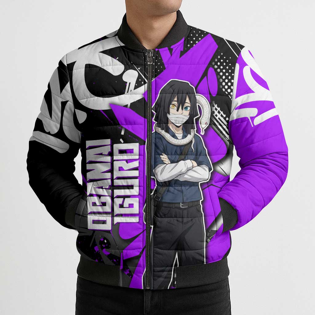 Obanai Iguro Demon Slayer Bomber Puffer Jacket Purple Graffiti Anime Style