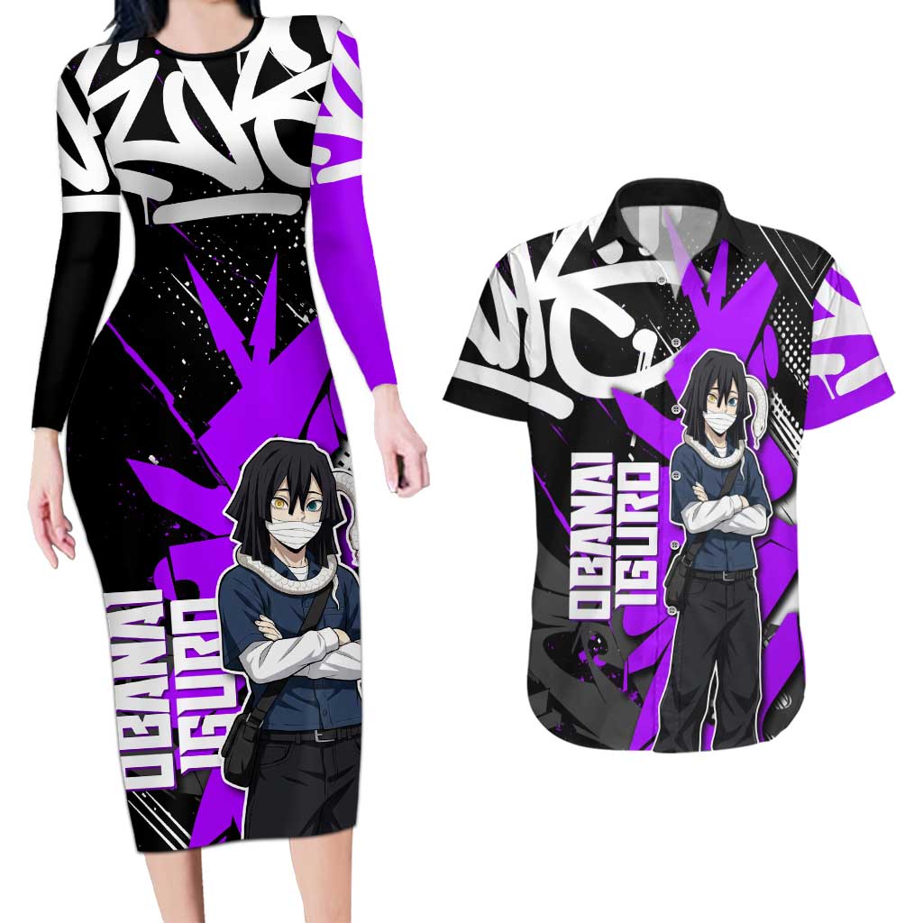 Obanai Iguro Demon Slayer Couples Matching Long Sleeve Bodycon Dress and Hawaiian Shirt Purple Graffiti Anime Style