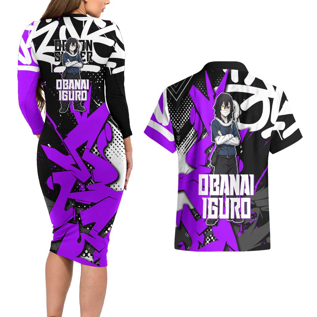Obanai Iguro Demon Slayer Couples Matching Long Sleeve Bodycon Dress and Hawaiian Shirt Purple Graffiti Anime Style