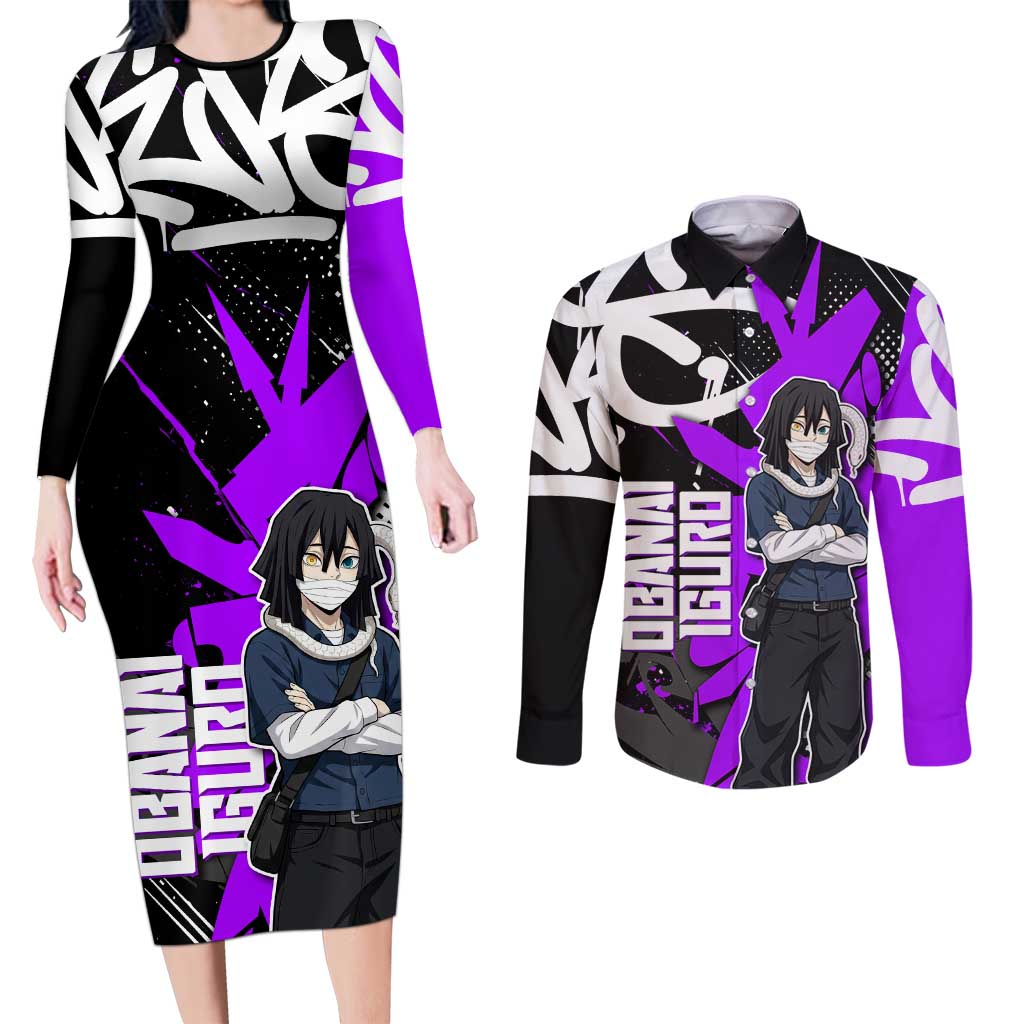 Obanai Iguro Demon Slayer Couples Matching Long Sleeve Bodycon Dress and Long Sleeve Button Shirt Purple Graffiti Anime Style