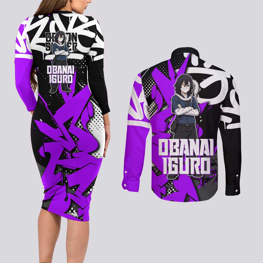 Obanai Iguro Demon Slayer Couples Matching Long Sleeve Bodycon Dress and Long Sleeve Button Shirt Purple Graffiti Anime Style