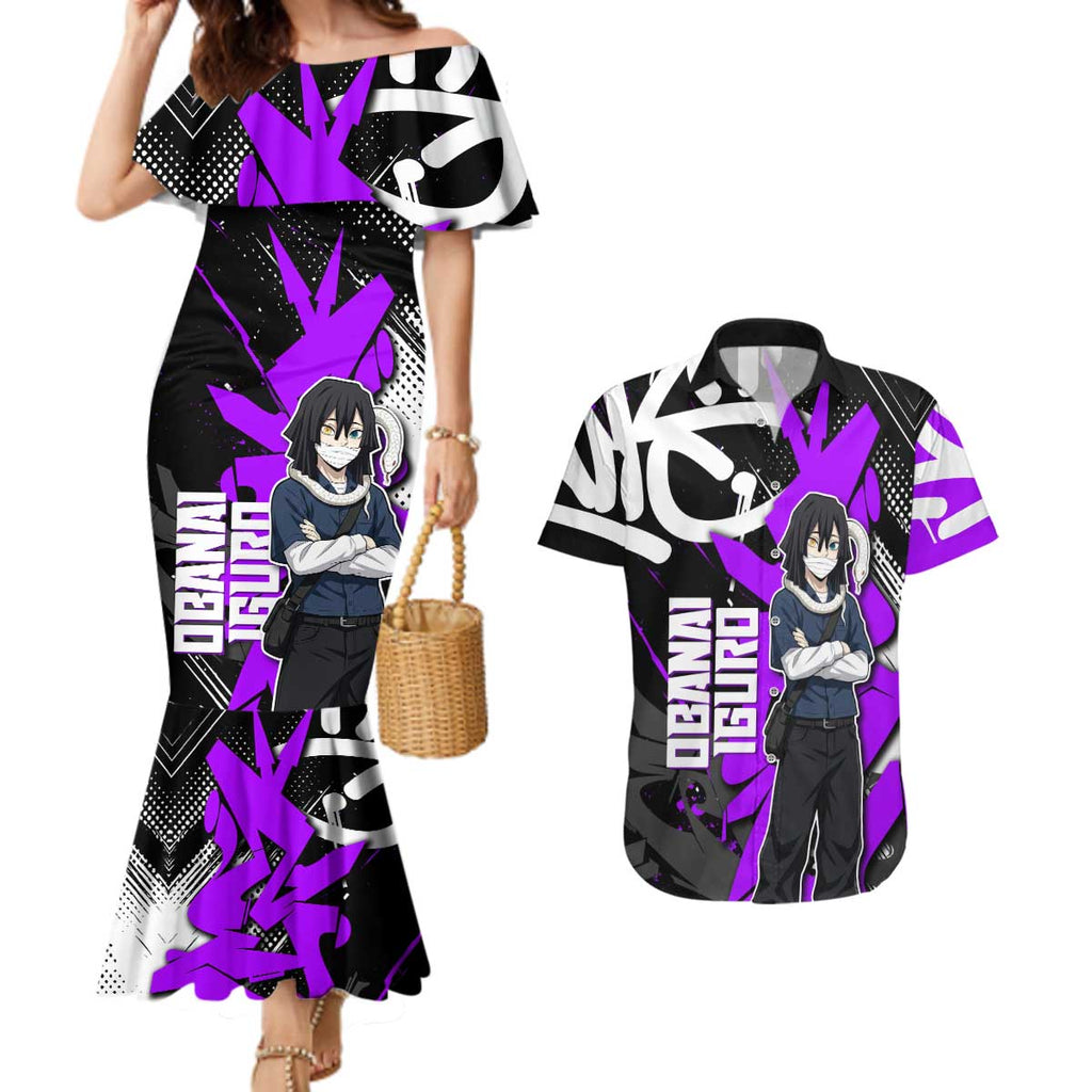 Obanai Iguro Demon Slayer Couples Matching Mermaid Dress and Hawaiian Shirt Purple Graffiti Anime Style