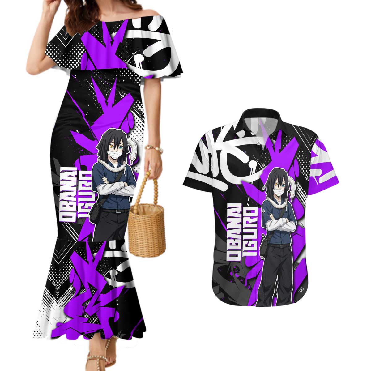 Obanai Iguro Demon Slayer Couples Matching Mermaid Dress and Hawaiian Shirt Purple Graffiti Anime Style