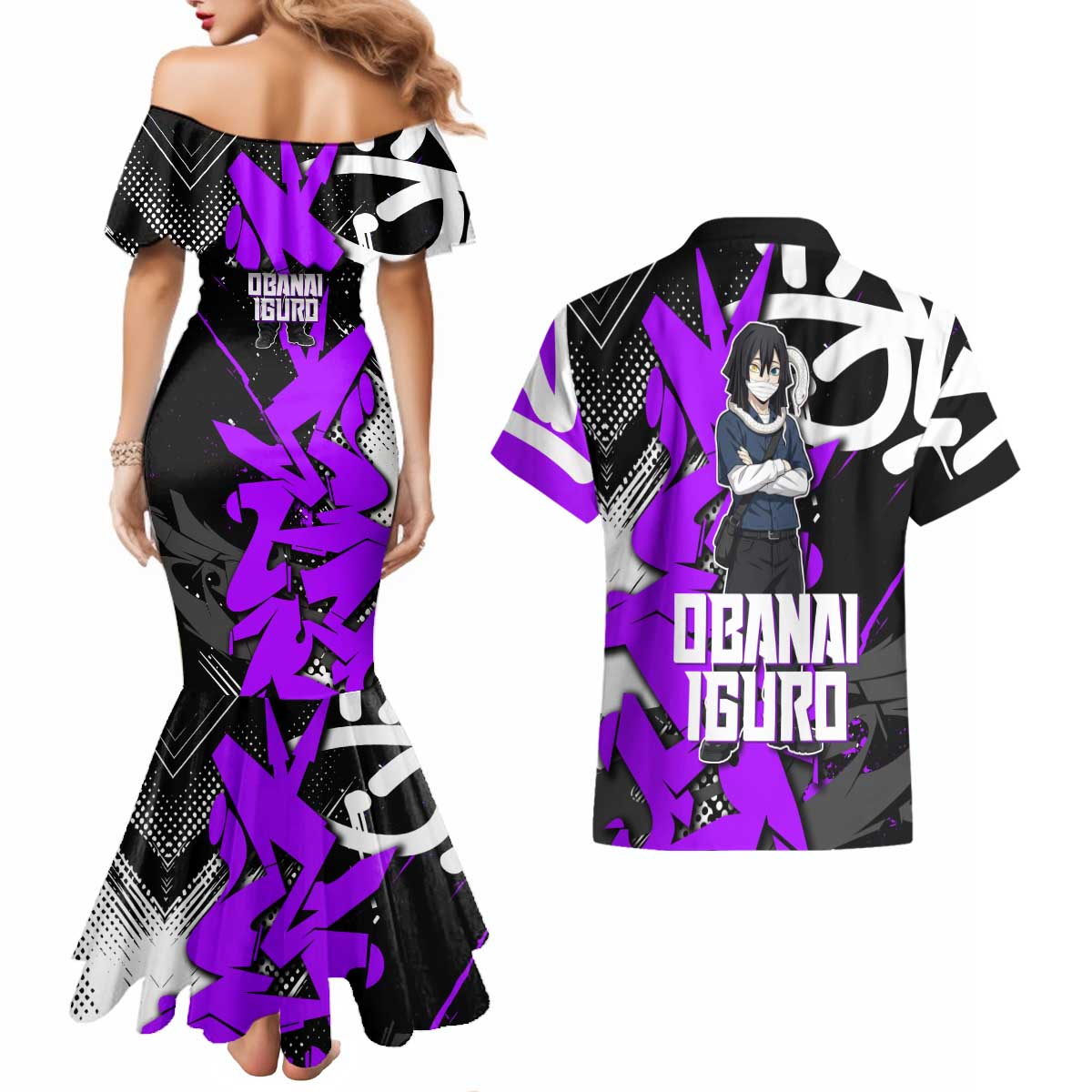 Obanai Iguro Demon Slayer Couples Matching Mermaid Dress and Hawaiian Shirt Purple Graffiti Anime Style