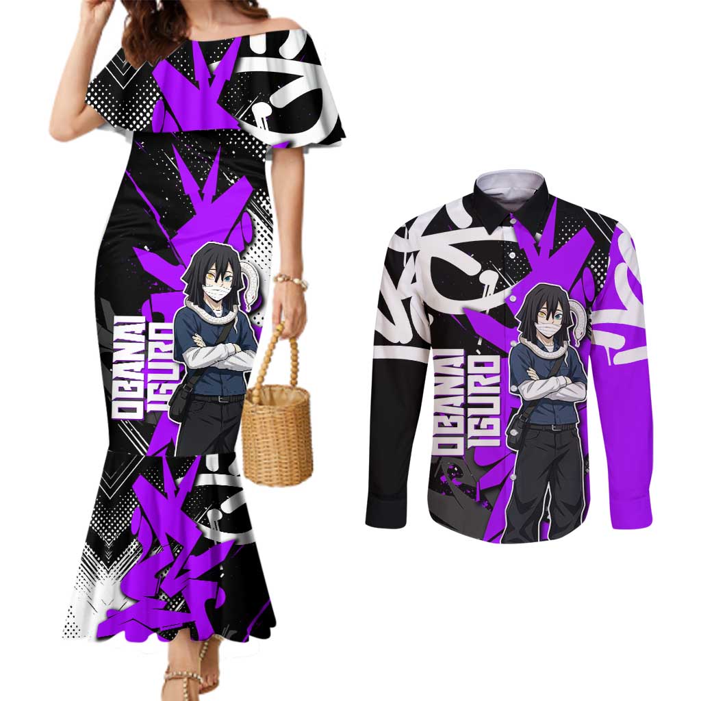 Obanai Iguro Demon Slayer Couples Matching Mermaid Dress and Long Sleeve Button Shirt Purple Graffiti Anime Style