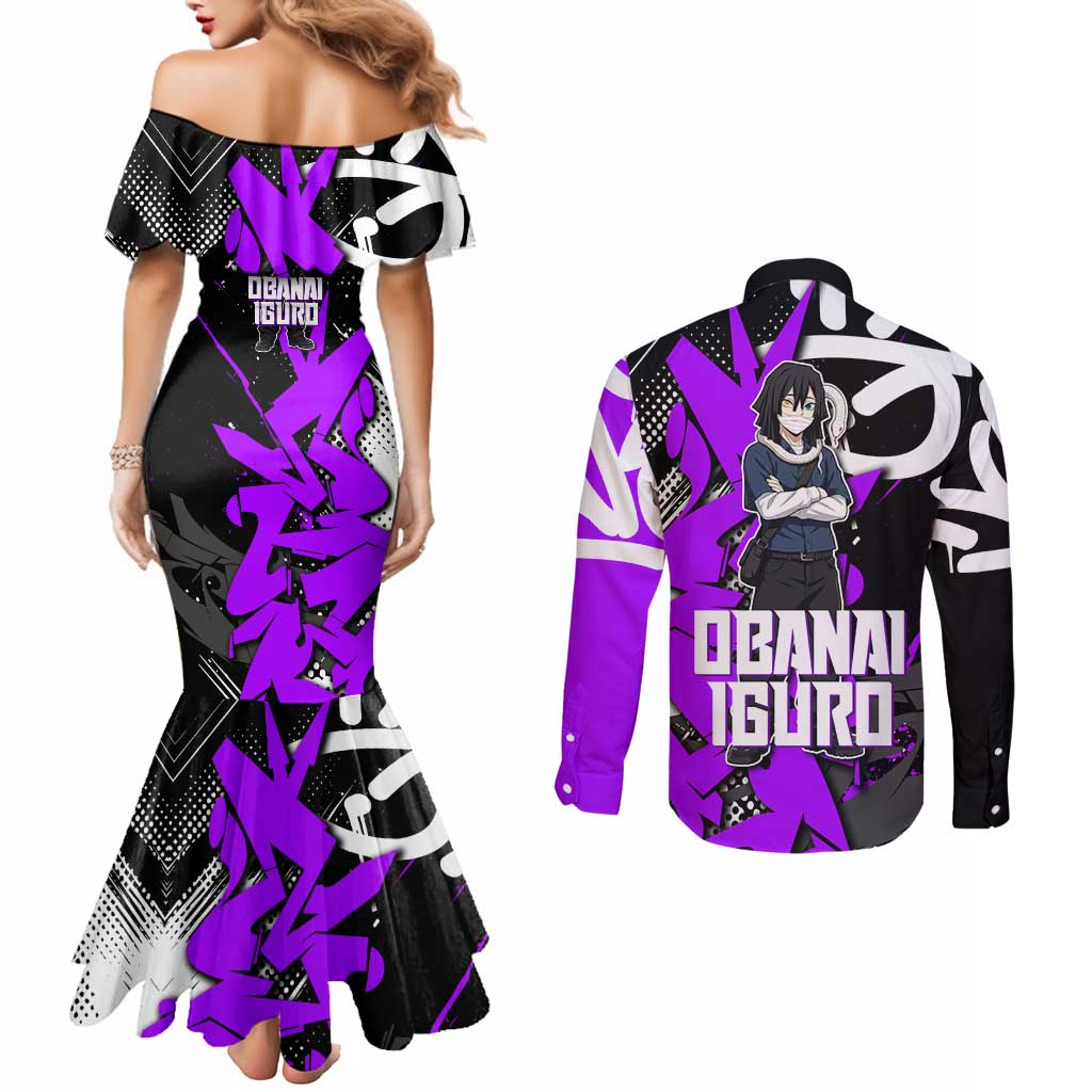 Obanai Iguro Demon Slayer Couples Matching Mermaid Dress and Long Sleeve Button Shirt Purple Graffiti Anime Style