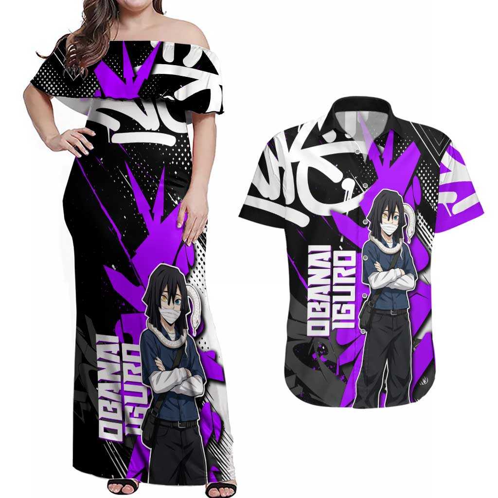 Obanai Iguro Demon Slayer Couples Matching Off Shoulder Maxi Dress and Hawaiian Shirt Purple Graffiti Anime Style