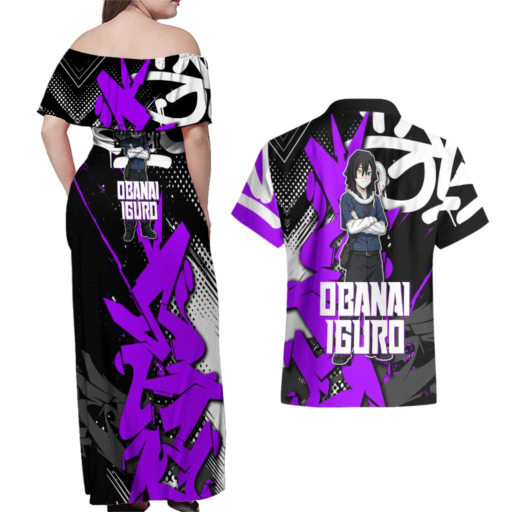 Obanai Iguro Demon Slayer Couples Matching Off Shoulder Maxi Dress and Hawaiian Shirt Purple Graffiti Anime Style