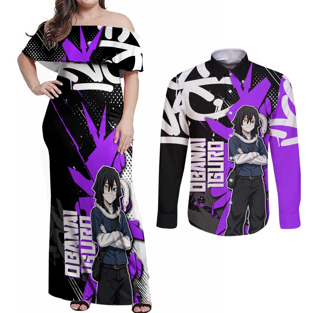 Obanai Iguro Demon Slayer Couples Matching Off Shoulder Maxi Dress and Long Sleeve Button Shirt Purple Graffiti Anime Style