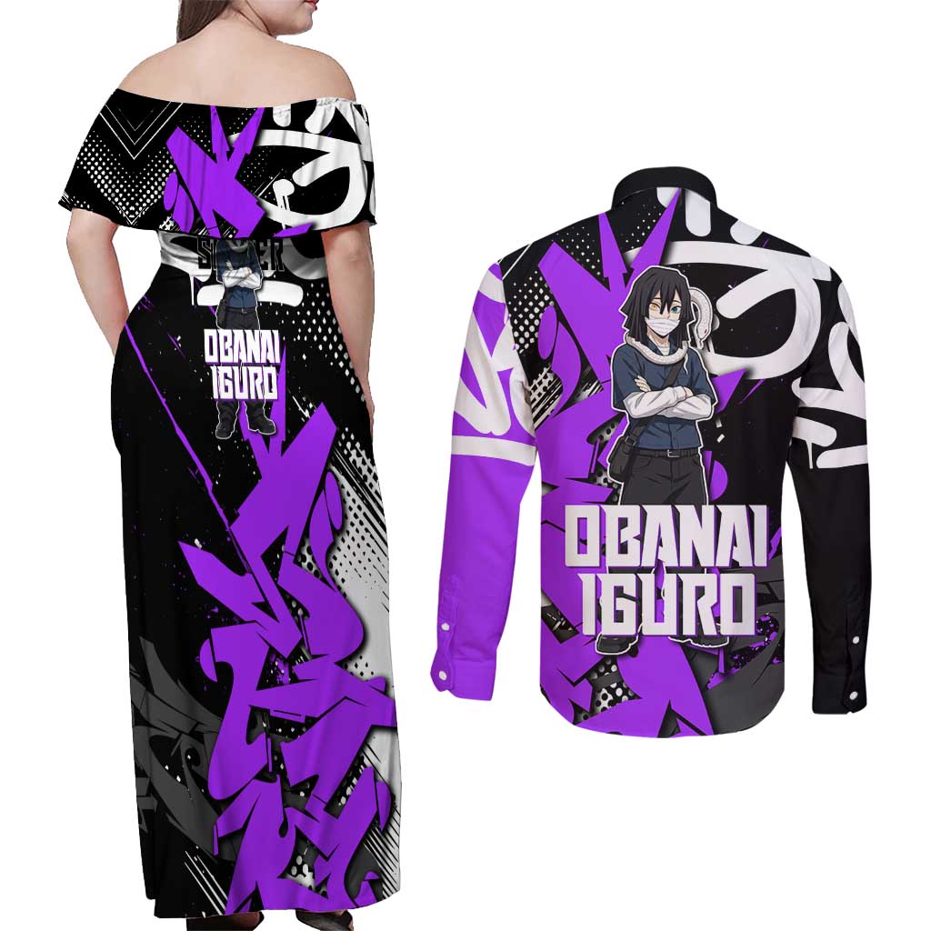 Obanai Iguro Demon Slayer Couples Matching Off Shoulder Maxi Dress and Long Sleeve Button Shirt Purple Graffiti Anime Style