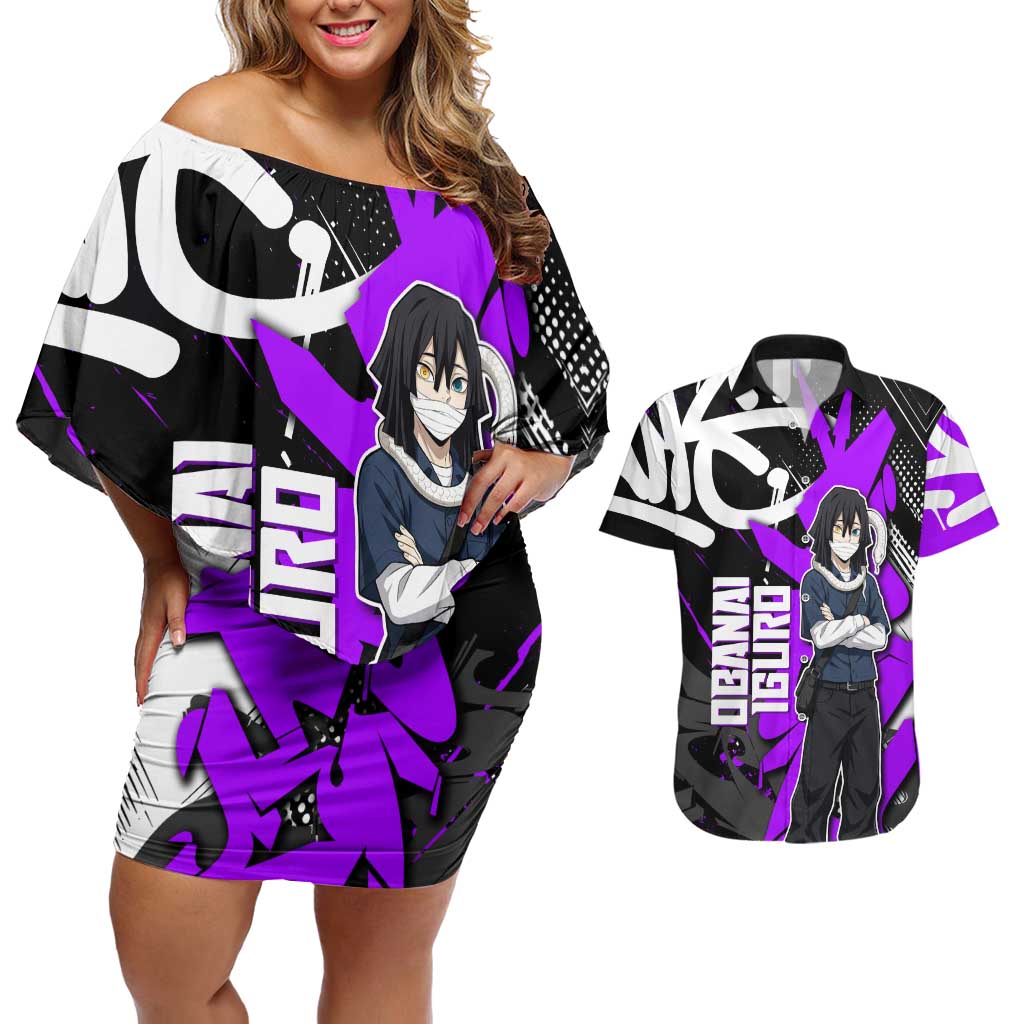 Obanai Iguro Demon Slayer Couples Matching Off Shoulder Short Dress and Hawaiian Shirt Purple Graffiti Anime Style