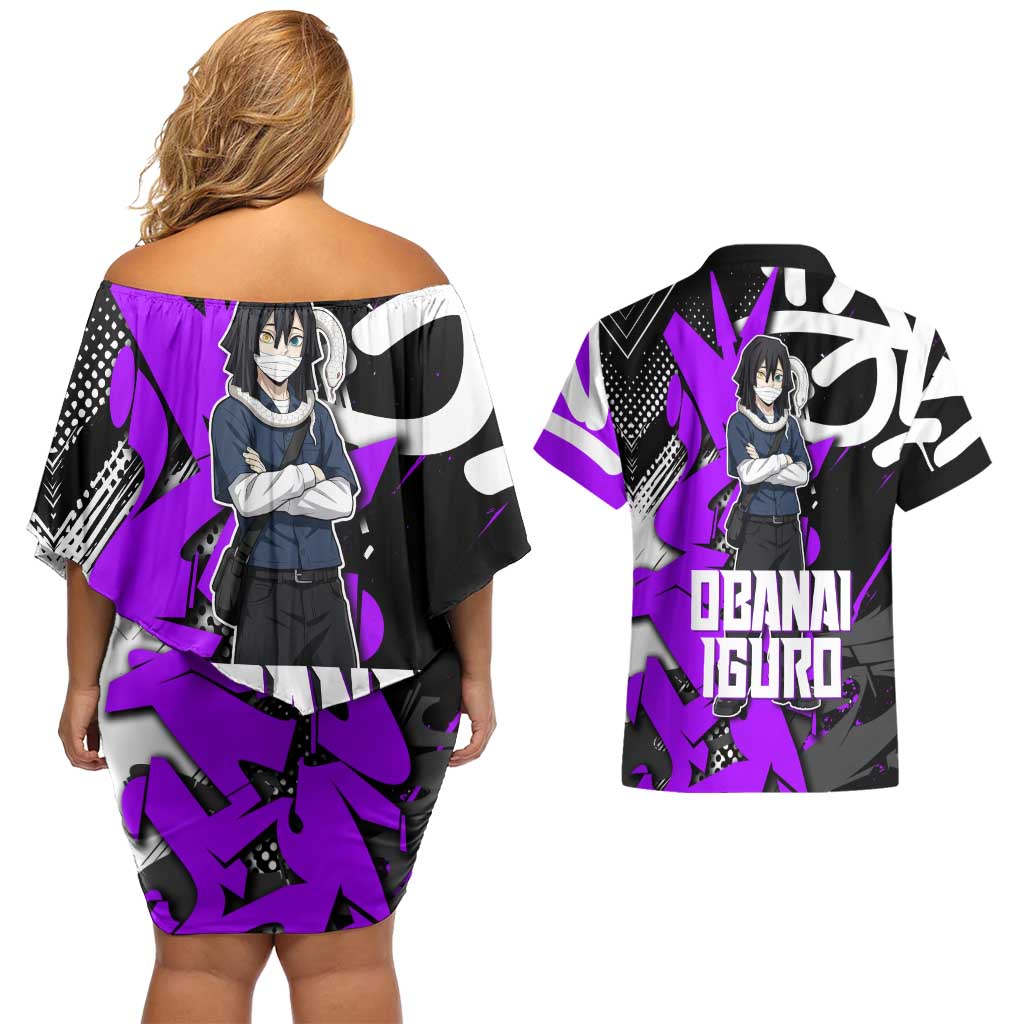 Obanai Iguro Demon Slayer Couples Matching Off Shoulder Short Dress and Hawaiian Shirt Purple Graffiti Anime Style