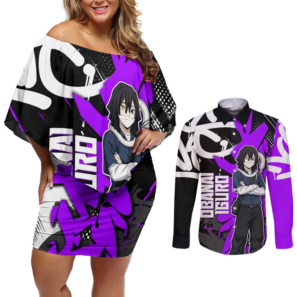 Obanai Iguro Demon Slayer Couples Matching Off Shoulder Short Dress and Long Sleeve Button Shirt Purple Graffiti Anime Style