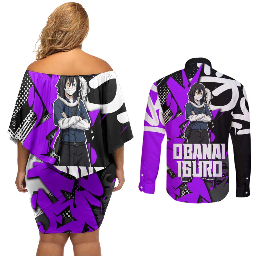 Obanai Iguro Demon Slayer Couples Matching Off Shoulder Short Dress and Long Sleeve Button Shirt Purple Graffiti Anime Style