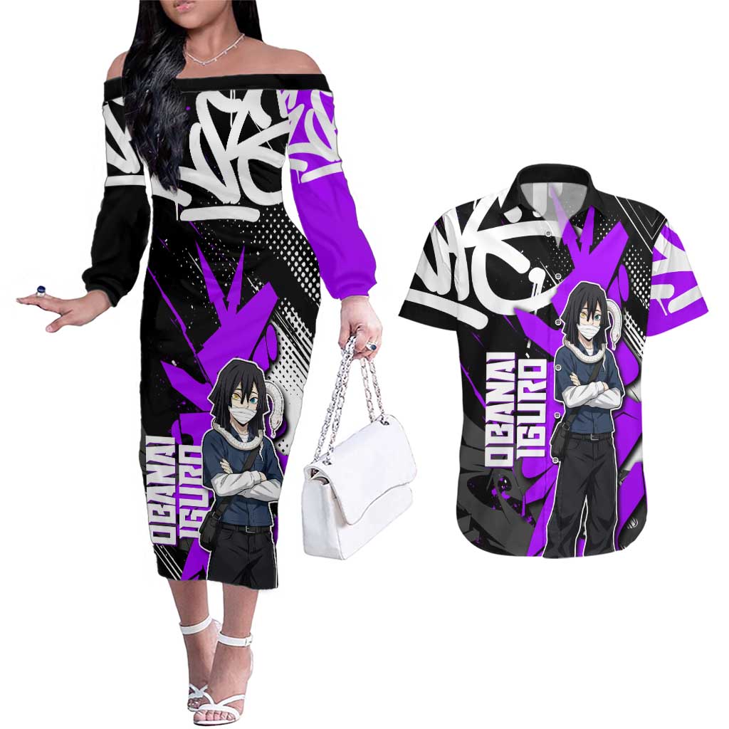 Obanai Iguro Demon Slayer Couples Matching Off The Shoulder Long Sleeve Dress and Hawaiian Shirt Purple Graffiti Anime Style