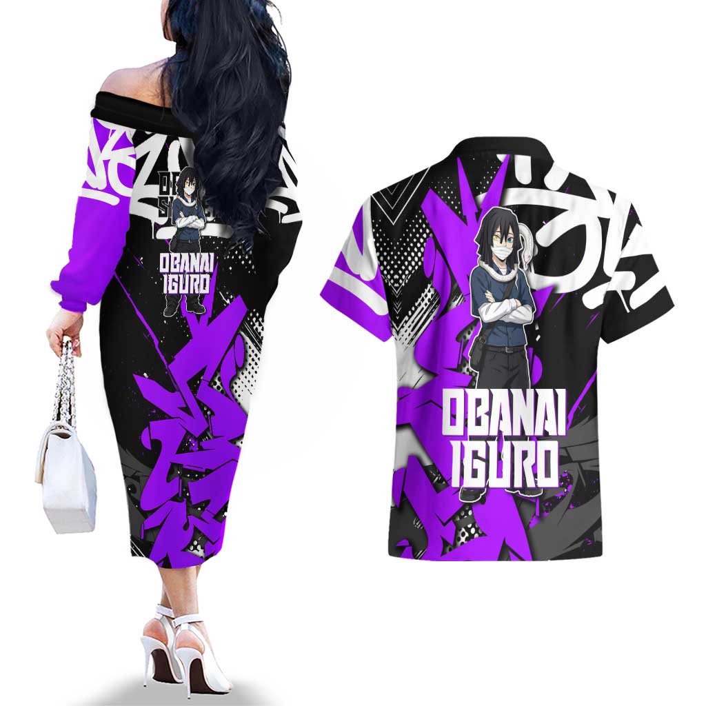 Obanai Iguro Demon Slayer Couples Matching Off The Shoulder Long Sleeve Dress and Hawaiian Shirt Purple Graffiti Anime Style