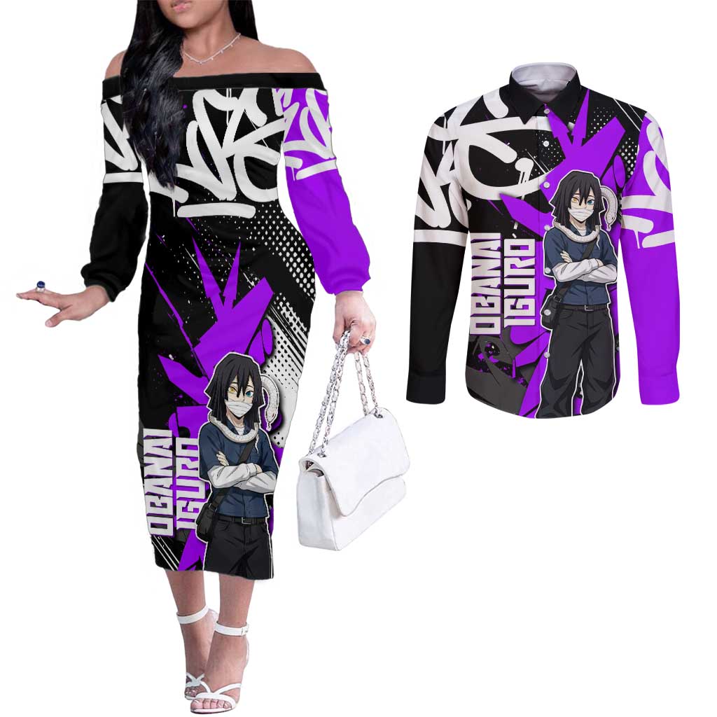 Obanai Iguro Demon Slayer Couples Matching Off The Shoulder Long Sleeve Dress and Long Sleeve Button Shirt Purple Graffiti Anime Style
