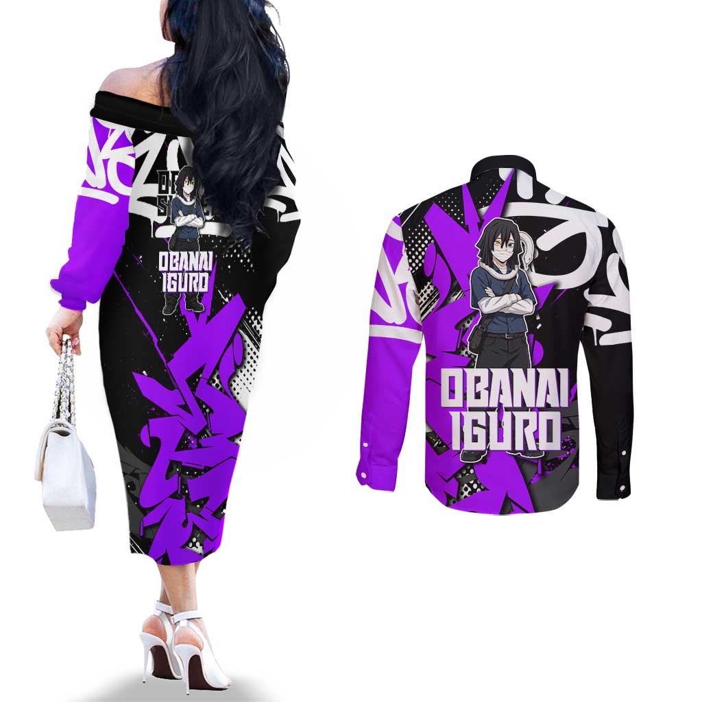 Obanai Iguro Demon Slayer Couples Matching Off The Shoulder Long Sleeve Dress and Long Sleeve Button Shirt Purple Graffiti Anime Style