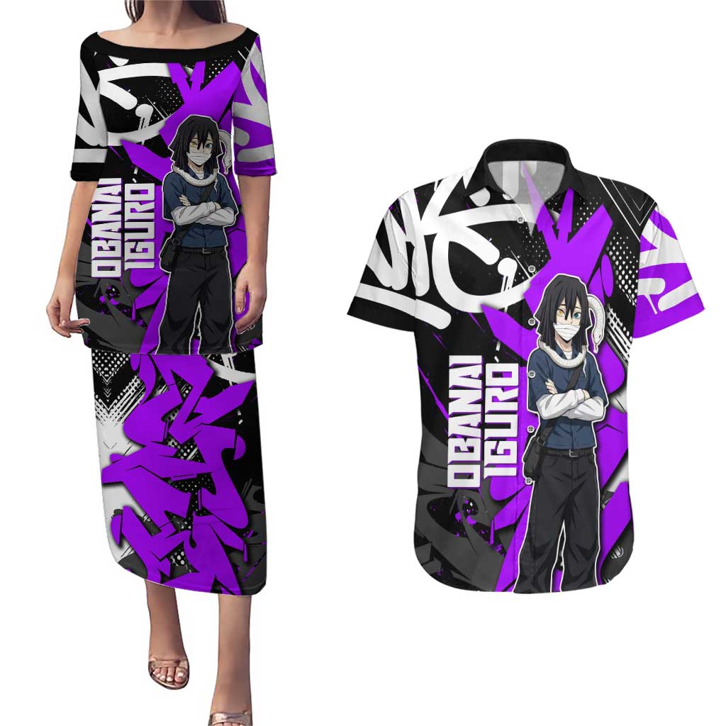 Obanai Iguro Demon Slayer Couples Matching Puletasi and Hawaiian Shirt Purple Graffiti Anime Style