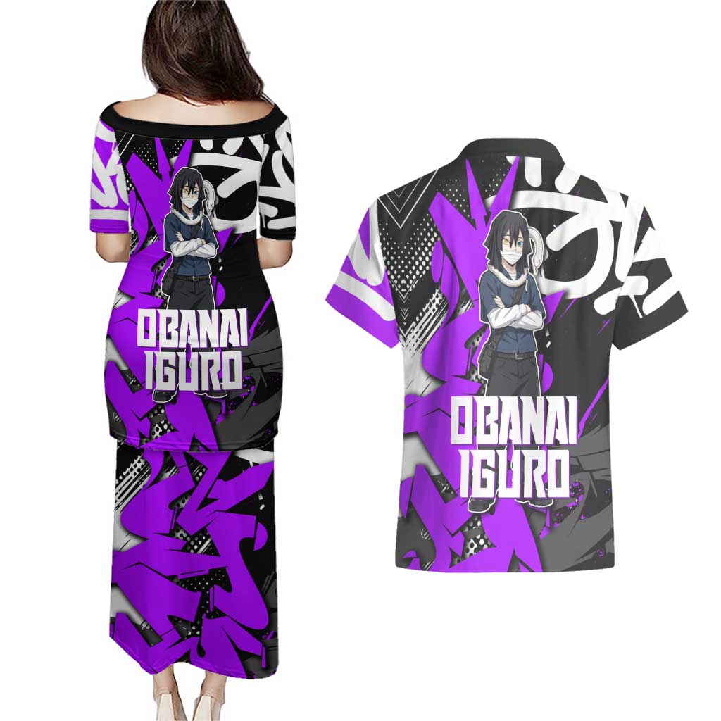 Obanai Iguro Demon Slayer Couples Matching Puletasi and Hawaiian Shirt Purple Graffiti Anime Style
